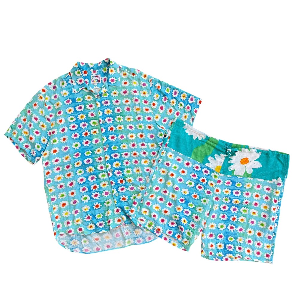Jams World Sky Daisy Mens Shirt and Shorts Set Blue Floral Rayon M V Vintage